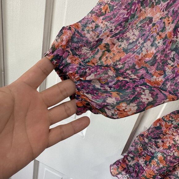 Lavender Brown Dress Smocked Long Sleeves Elastic Waist Tiered Floral Medium EUC - Picture 9 of 15